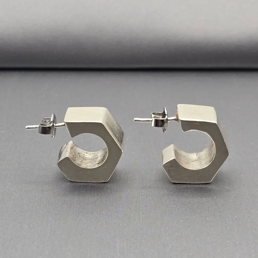 Sterling Silver Geometric C-Hoop Earrings Bold .75" Modern Hexagon Design - Picture 4 of 13